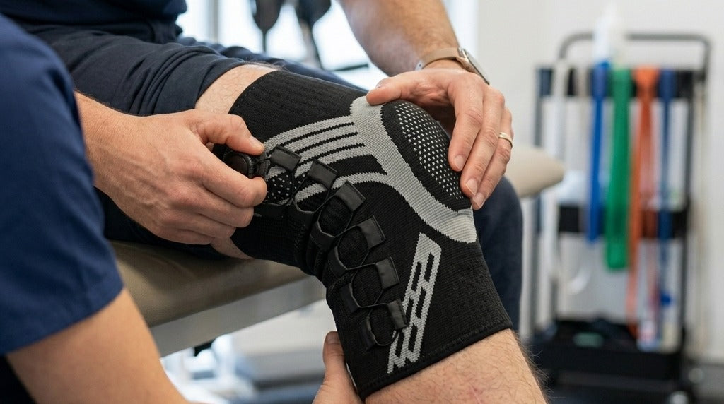 Physiotherapist fitting the FLEXÖR knee brace